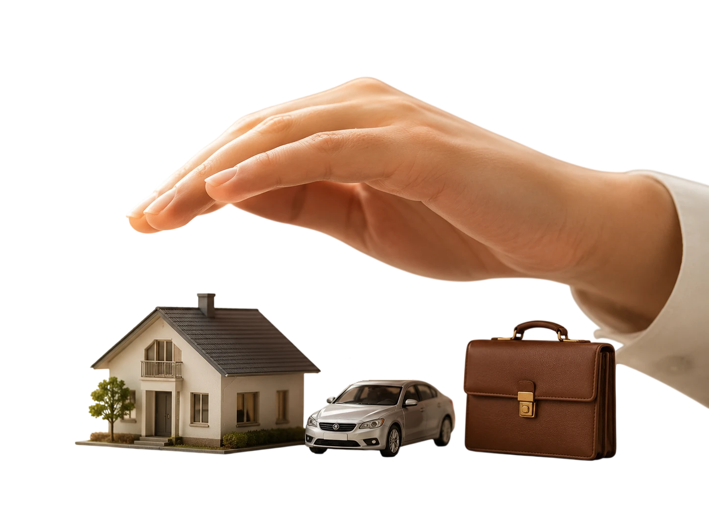 Mano protegiendo una casa, un coche y un maletín de negocios